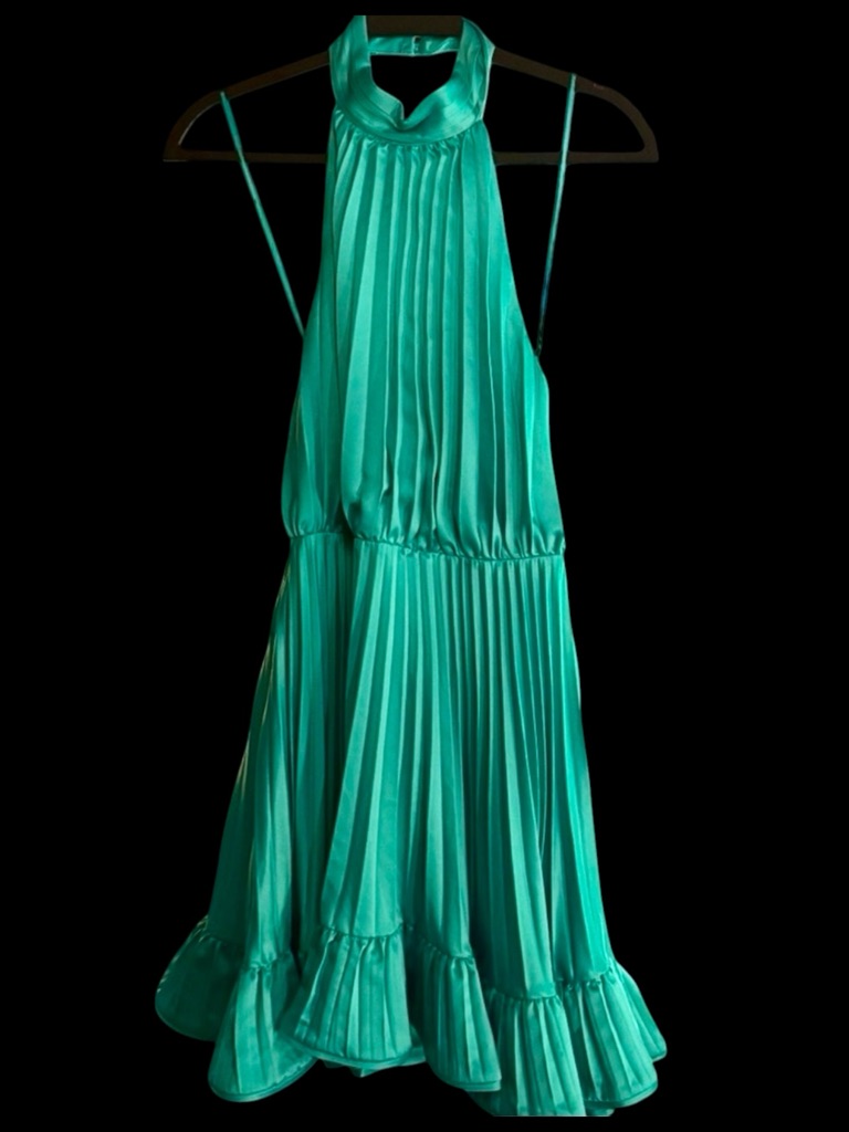 Amur Anthropologie Amiri Pleated Halter Mini Dress Teal Green Ruffles Formal Nwt